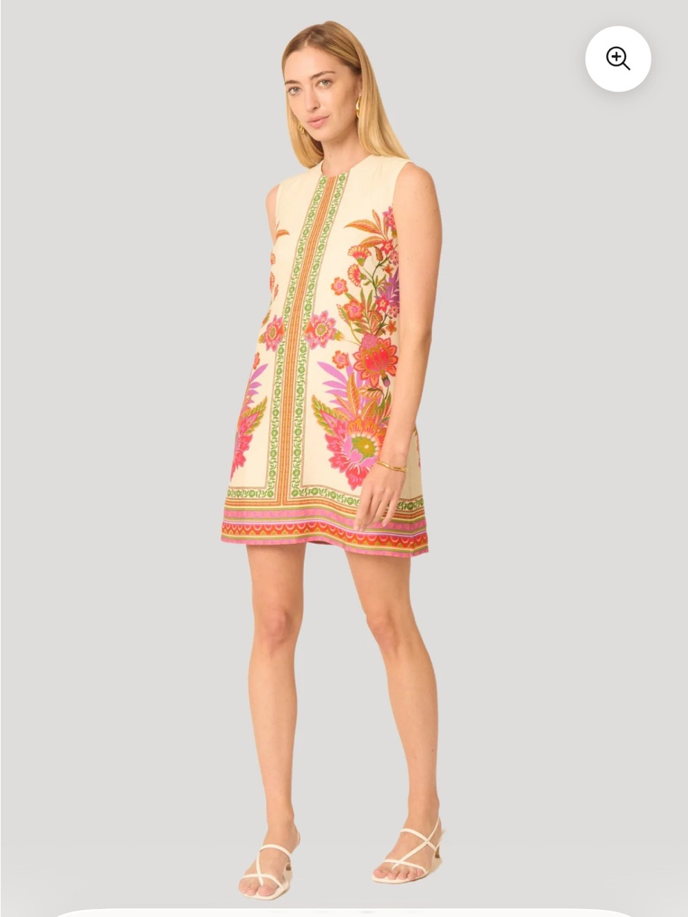 Sleeveless Floral Border Mini Dress in Cream and Pink